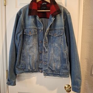 TRIOT Denim Blue Jean Trucker Jacket Mens Size XL Buffalo Plaid Sherpa Collar